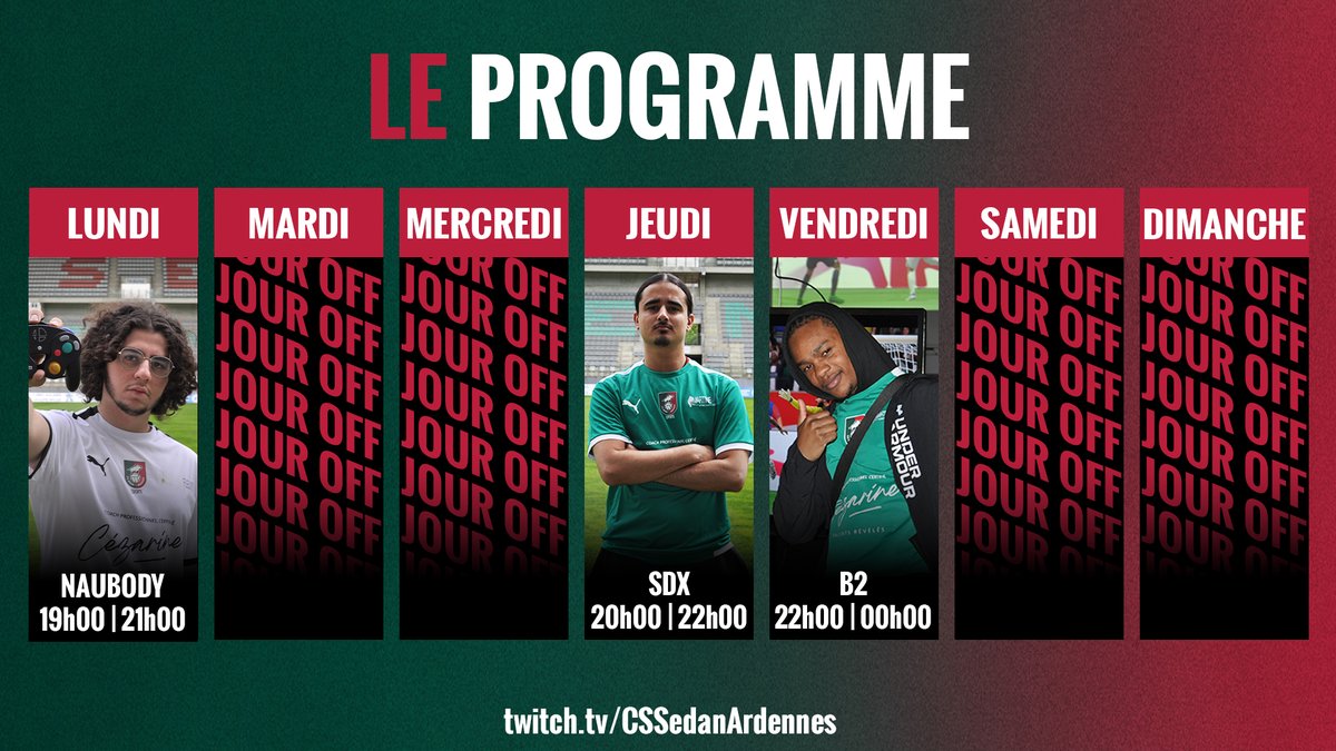 🗓️ Nos joueurs vous attendent sur notre chaîne #Twitch !

<a href="/NauBody/">NauBody</a> est déjà en direct
👉 twitch.tv/CSSedanArdennes