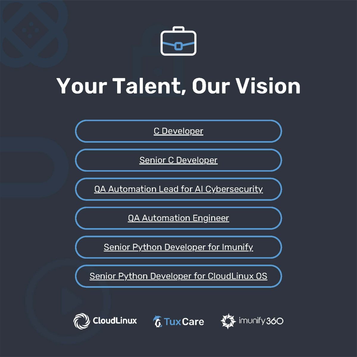 TuxCare_'s tweet image. 🌟 Together, we make a difference. 🌟

We&apos;re hiring QA Automation Engineers, #CDevelopers, and #PythonDevelopers. Work remotely, connect globally, and bring your ideas to life. 

Join our team: bit.ly/42wCyOf

#RemoteWork #QAEngineer #CDevjobs #Pythonjobs #RemoteJobs