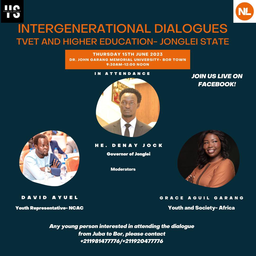 This Thursday 🗓, Youth and Society with support from the Netherlands 🇳🇱Embassy in South Sudan will host our third Intergenerational Dialogue (IGD) on TVET and Higher Education in Jonglei State. 🇸🇸