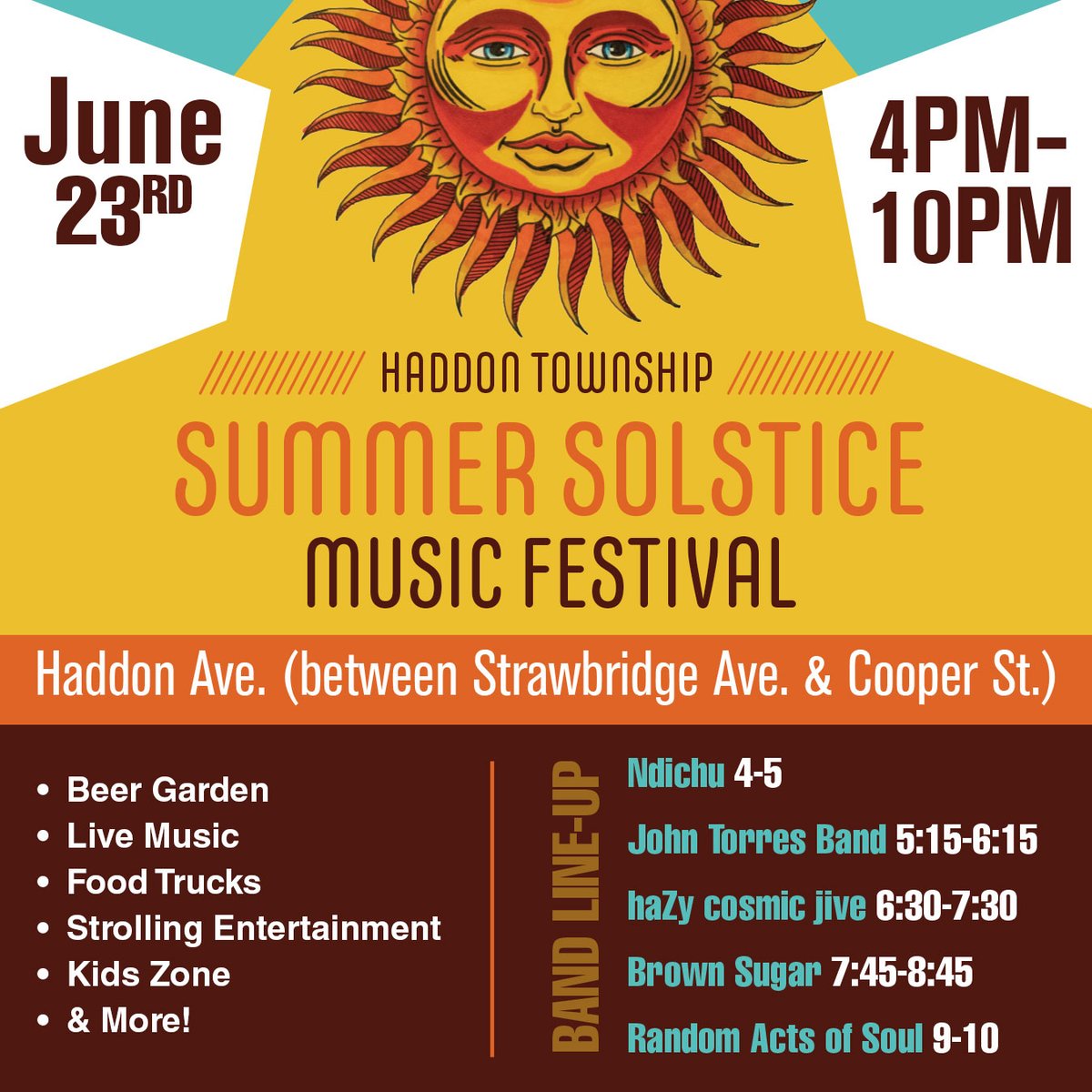 Our Summer Solstice Music Festival is just a WEEK AWAY! Join us along Haddon Avenue from 4-10 p.m. and kick-off Summer with rides, beer garden, bands, strolling performers, food trucks and more! #HaddonTwp #SummerSolstice