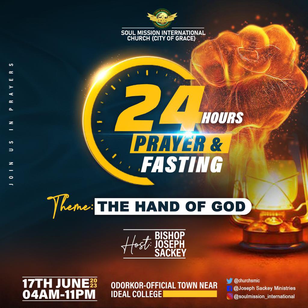 ChurchSmic's tweet photo. Kindly join us this coming Saturday for our 24 Hours Fasting and Prayers. The church auditorium will be opened from 4:00am to 12:00am, with hot prayer sessions. Let’s come together as a church to plead for the victorious Right Hand of God in all our endeavours. see you! 🔥🔥🔥 https://t.co/lVUer31MKz