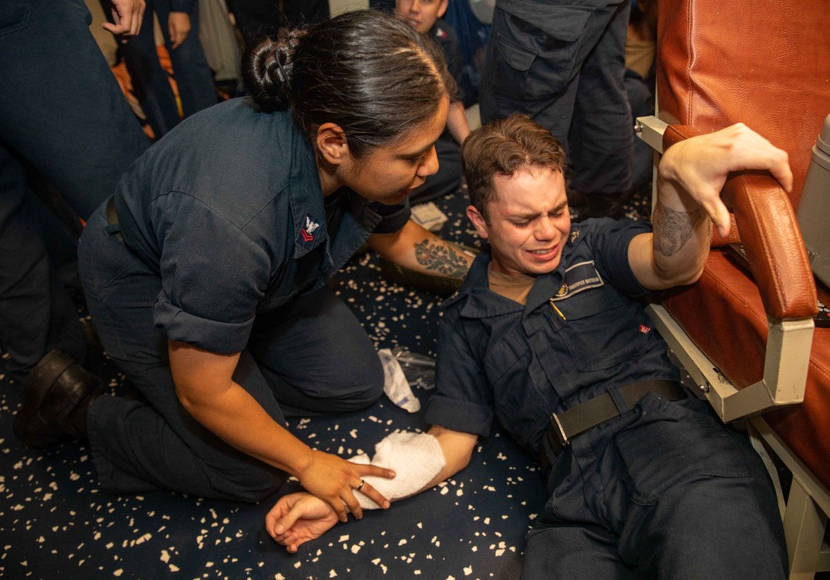 Sailors take part in a mass casualty drill aboard the Ticonderoga-class guided-missile cruiser USS Antietam (CG 54) in the Philippine Sea, June 10, 2023.

#US7thFleet | #HandsOnTraining