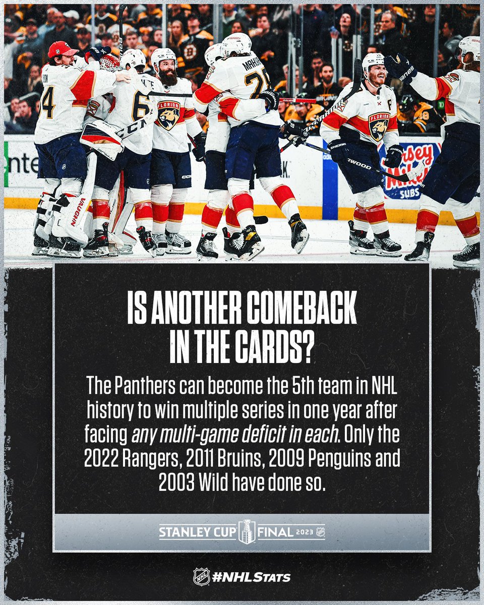NHLPR's tweet photo. One team has overcome two 3-1 series deficits to win in the same postseason.
One team has overcome a 3-1 series deficit to win in the #StanleyCup Final.

Will the @FlaPanthers bump those numbers up in 2023?

#NHLStats: https://t.co/sAyyOth9na https://t.co/OpivX5eyi6