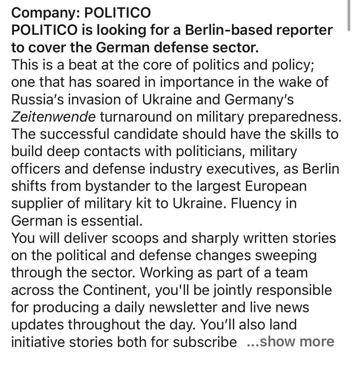 Zeitenwende: Politico is looking for a Berlin-based reporter to cover the German defense sector