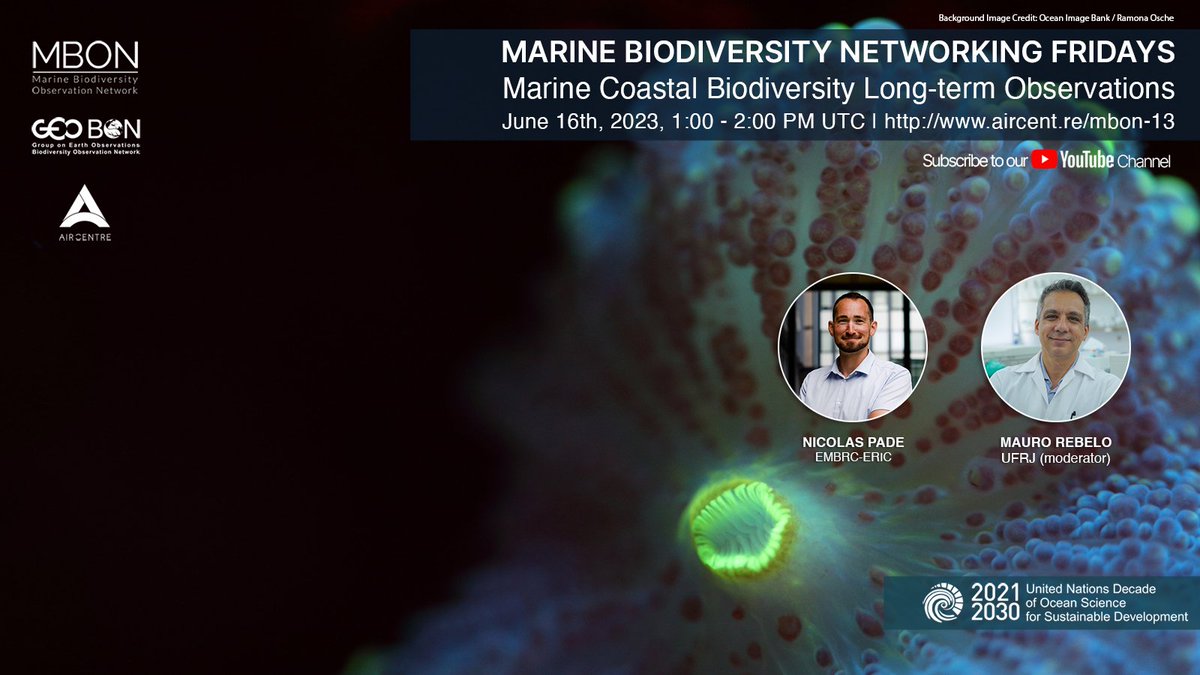 MarineBON1's tweet image. 📣 FRIDAY, June 16 1:00-2:00 PM UTC
📍Marine Biodiversity Networking Friday Marine Coastal Biodiversity Long-term Observations #netfridays
 🗣 Nicolas Pade (@EMBRC_EU @MARCOBOLO_EU), Mauro Rebelo (@tagomago_me)
👉Registration &amp;amp; more info: aircentre.org/netfridays-mar…