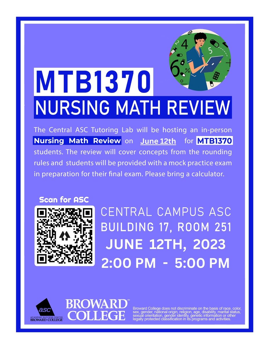 bc_asc's tweet photo. Today is the day!  The ASC is hosting a Nursing Math review for MTB1370.
Building 17, Room 251
2:00PM  to 5:00PM
Academic Success Centers
https://t.co/sDSpHmmzjM
Tutoring appointments
https://t.co/z4xEREPlGr
Central ASC
https://t.co/Rx7d4lE9uA https://t.co/nU5nSdKXuD