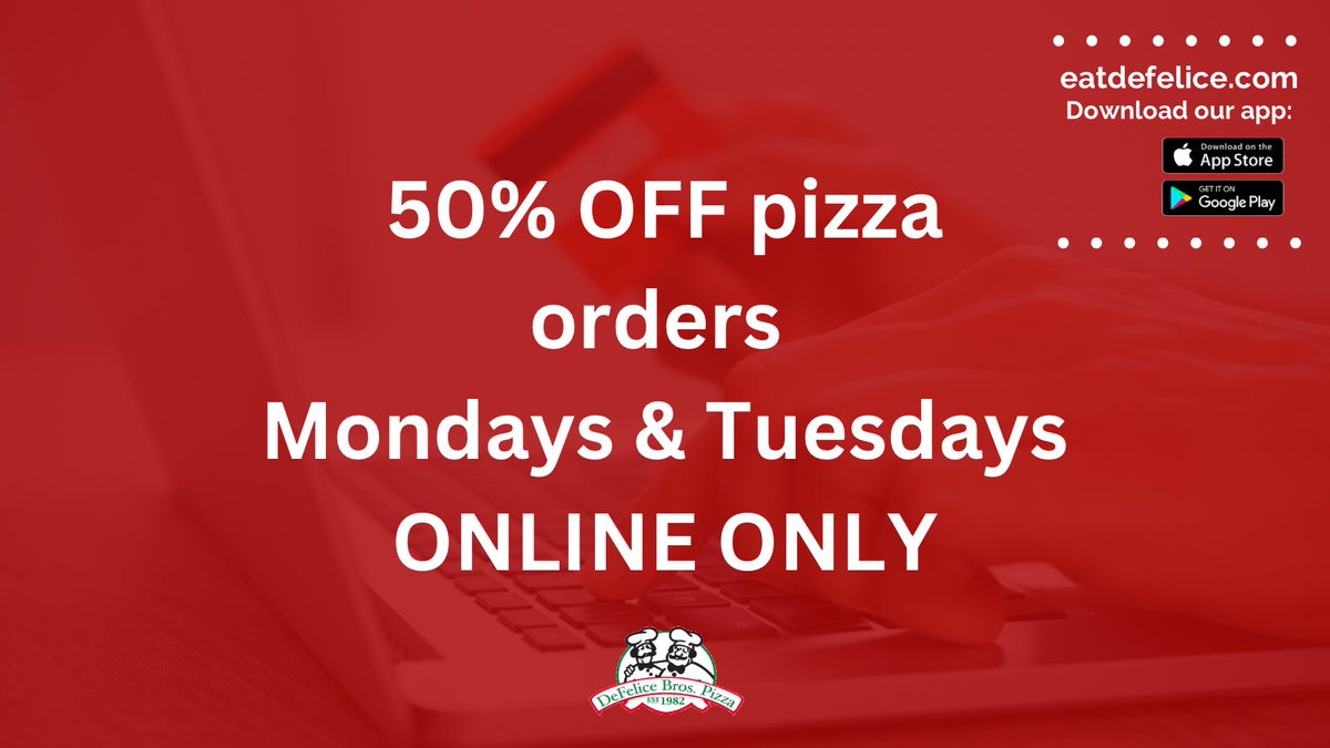 EatDefelice's tweet image. Kick off your week with great pizza at a 𝗛𝗨𝗚𝗘 𝗱𝗶𝘀𝗰𝗼𝘂𝗻𝘁! ⭐️⭐️🍕⭐️⭐️ #halfoffpizza #onlinedeal #orderonline #pizza #eatdefelice