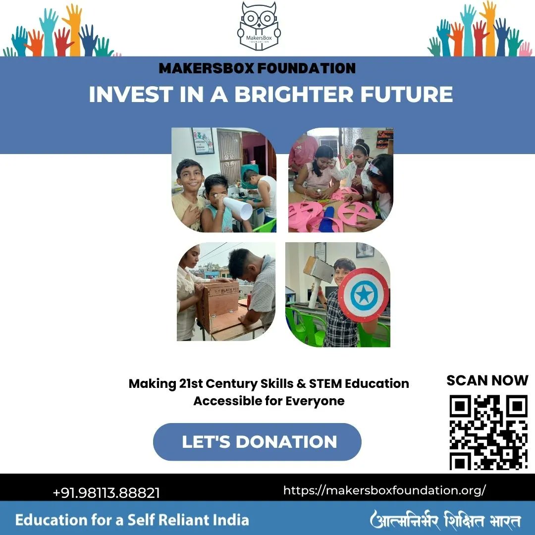 Nurture young minds, unleash their potential! 🌟 Support #MakersBoxFoundation in providing underprivileged children with skill-based education, STEM learning, and a path to success. Together, we can shape a generation of innovators. #DonateOrShare today and make a lasting impact.
