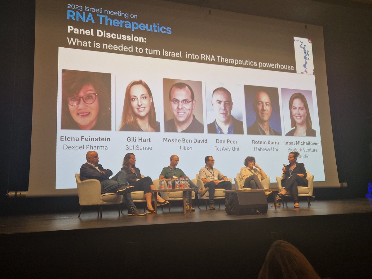 This amazingly accomplished panel <a href="/WeizmannScience/">Weizmann Institute</a> discussing challenges Israel faces in becoming an impactful #RNAtherapeutics hub: lack of chemists, not enough experience in scaling up. And the edge that we have: innovation, out-of-the-box thinking, and a great eco-system