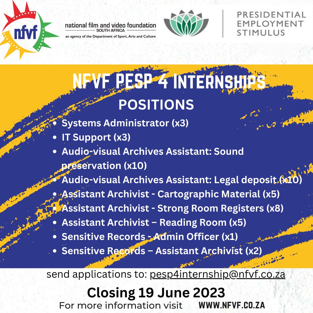 SportArtsCultur's tweet photo. 📣Are you looking for an internship opportunity? 

@nfvfsa together with Department of Sport, Arts &amp; Culture, is looking for 120 interns to fill different positions, 1 Aug 2023 to 31 Mar 2024

More info here👉: https://t.co/1GPzrIHiib
Closing 19 June 2023 [1/2]
#YouthMonth
#PESP4 https://t.co/ndrDx8R3Ct