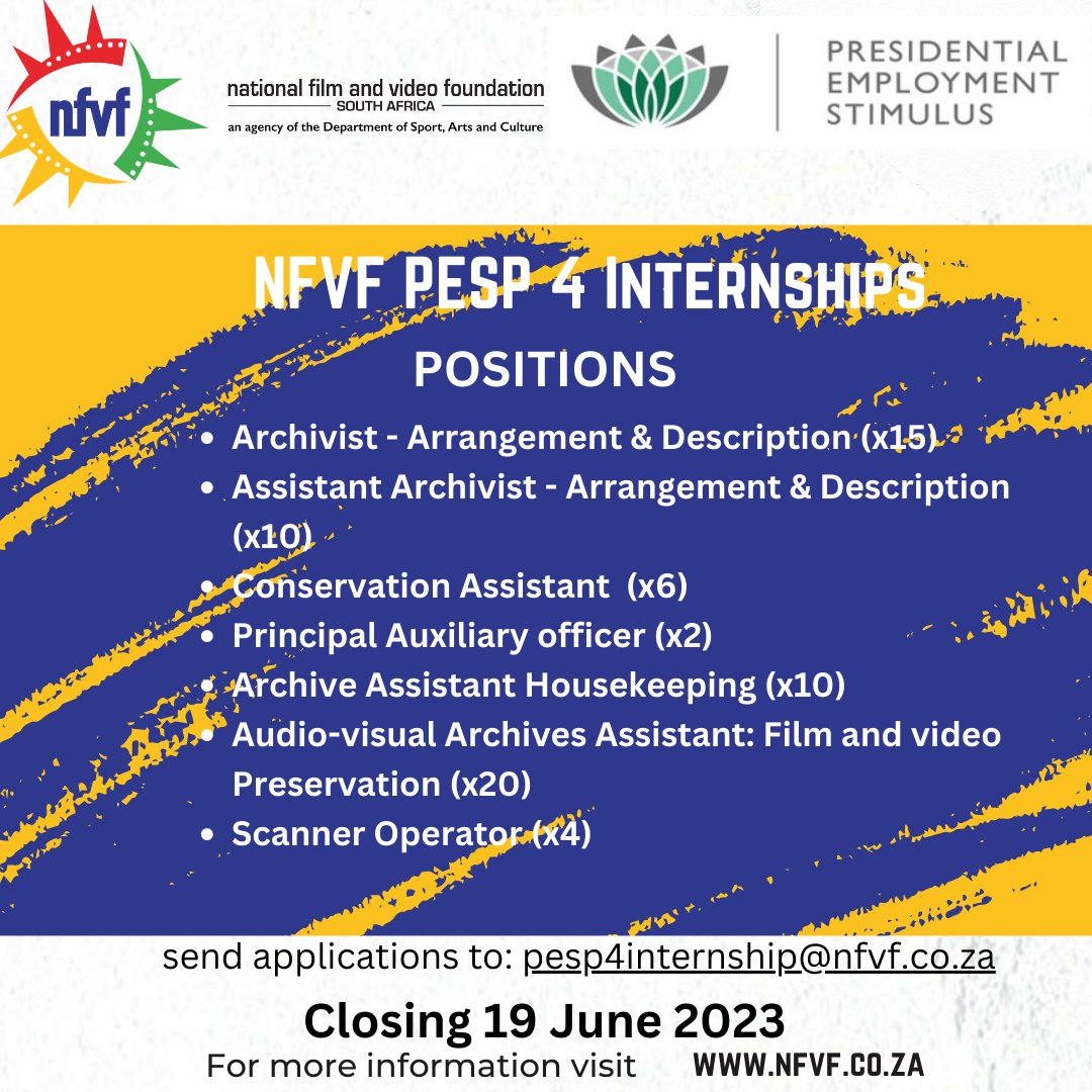 SportArtsCultur's tweet photo. 📣Are you looking for an internship opportunity? 

@nfvfsa together with Department of Sport, Arts &amp; Culture, is looking for 120 interns to fill different positions, 1 Aug 2023 to 31 Mar 2024

More info here👉: https://t.co/1GPzrIHiib
Closing 19 June 2023 [1/2]
#YouthMonth
#PESP4 https://t.co/ndrDx8R3Ct