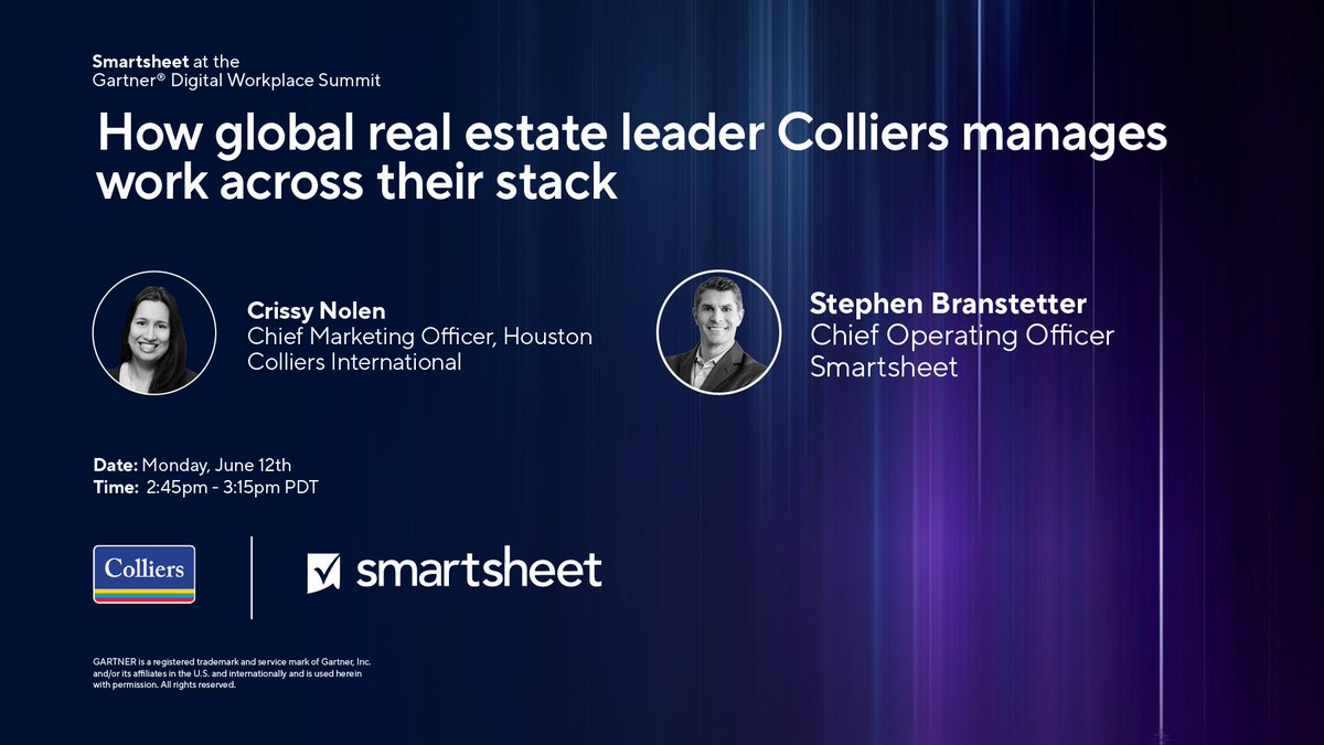 Smartsheet's tweet image. We’ll be at the Gartner Digital Workplace Summit in San Diego today! Visit us at booth #214, and join our session where Stephen Branstetter, COO at Smartsheet, &amp;amp; Crissy Nolen, CMO Houston at Colliers International, discuss how Colliers uses Smartsheet to manage work. #GartnerDW
