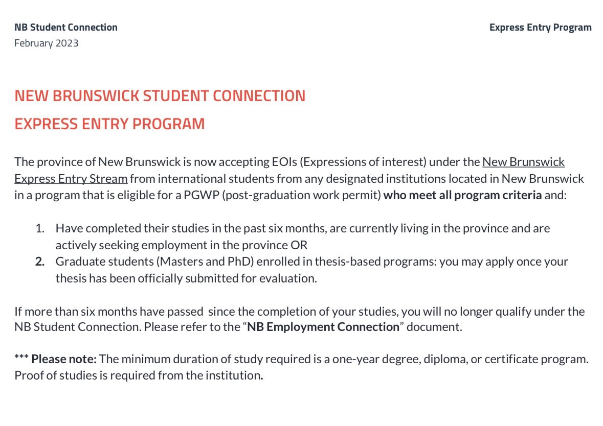 If you're going for a one-year study in New Brunswick, Canada, there’s a provincial nomination for permanent residence to apply for within 6 months of completing your study

-No job offer
-No Canadian work experience
-You need an express entry profile

✅Student Connection stream