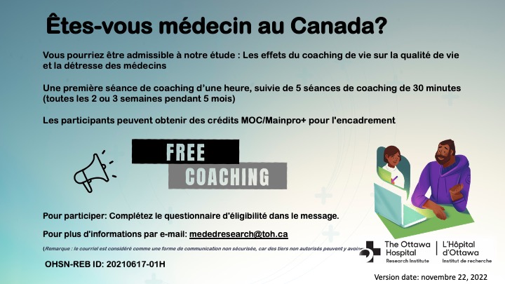 Sylvain Boet (@sylvainboet) on Twitter photo Recrutement pour notre étude : opportunité pour les #médecins exerçant au #Canada d'obtenir un #coaching gratuit par des coachs professionnels, crédits CDP associés. Questionnaire d'éligibilité : shorturl.at/ekwHY
<a href="/ICFHQ/">IntlCoachingFederation</a>
<a href="/CMPAmembers/">Canadian Medical Protective Association</a>
<a href="/College_royal/">Le Collège royal</a>
<a href="/GouvCanSante/">Santé Canada et l’ASPC</a> #CAS2023 Recrutement pour notre étude : opportunité pour les #médecins exerçant au #Canada d'obtenir un #coaching gratuit par des coachs professionnels, crédits CDP associés. Questionnaire d'éligibilité : shorturl.at/ekwHY
<a href="/ICFHQ/">IntlCoachingFederation</a>
<a href="/CMPAmembers/">Canadian Medical Protective Association</a>
<a href="/College_royal/">Le Collège royal</a>
<a href="/GouvCanSante/">Santé Canada et l’ASPC</a> #CAS2023