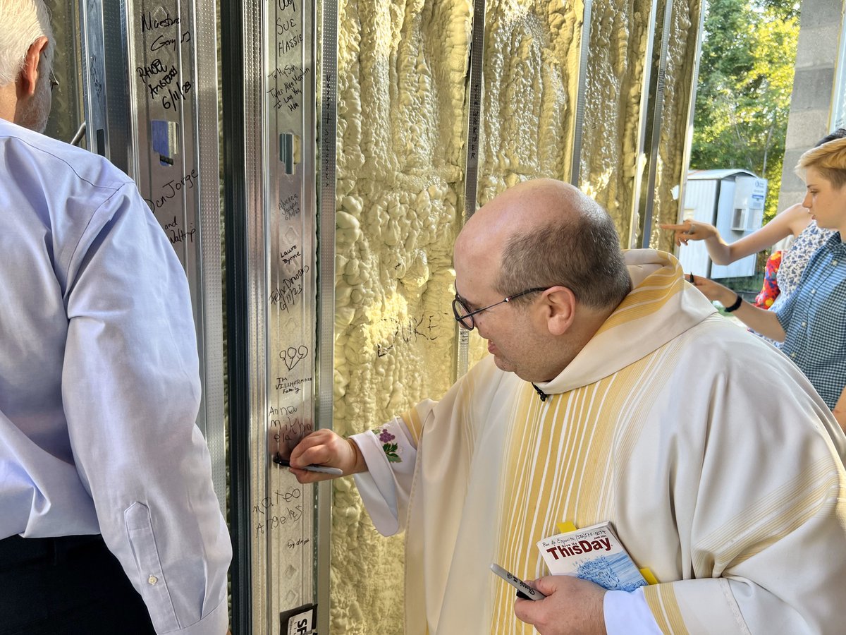 This weekend, Queen of Peace parishioners had the opportunity to see the progress of the St. Joseph's Center &amp; on the framing write blessings, prayers and well wishes for the center and for all that will visit. Thank you to all that attended! #QOP #ParrishMcCall #StudSigning