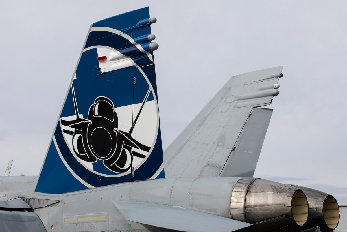 FinnishAirForce's tweet photo. Kohti lentonäytöstä! F/A-18-esityslentäjä kapteeni Henri Toppari lentää #TurkuAirShow'ssa  esityslentoteemaiset teippaukset saaneella Hornetilla (HN-411). Koneen lentojarrua koristaa lisäksi Suomen lippu. 🇫🇮#ilmavoimat @Laplsto #esityslento #lentonäytös https://t.co/EKS3nUbSa8