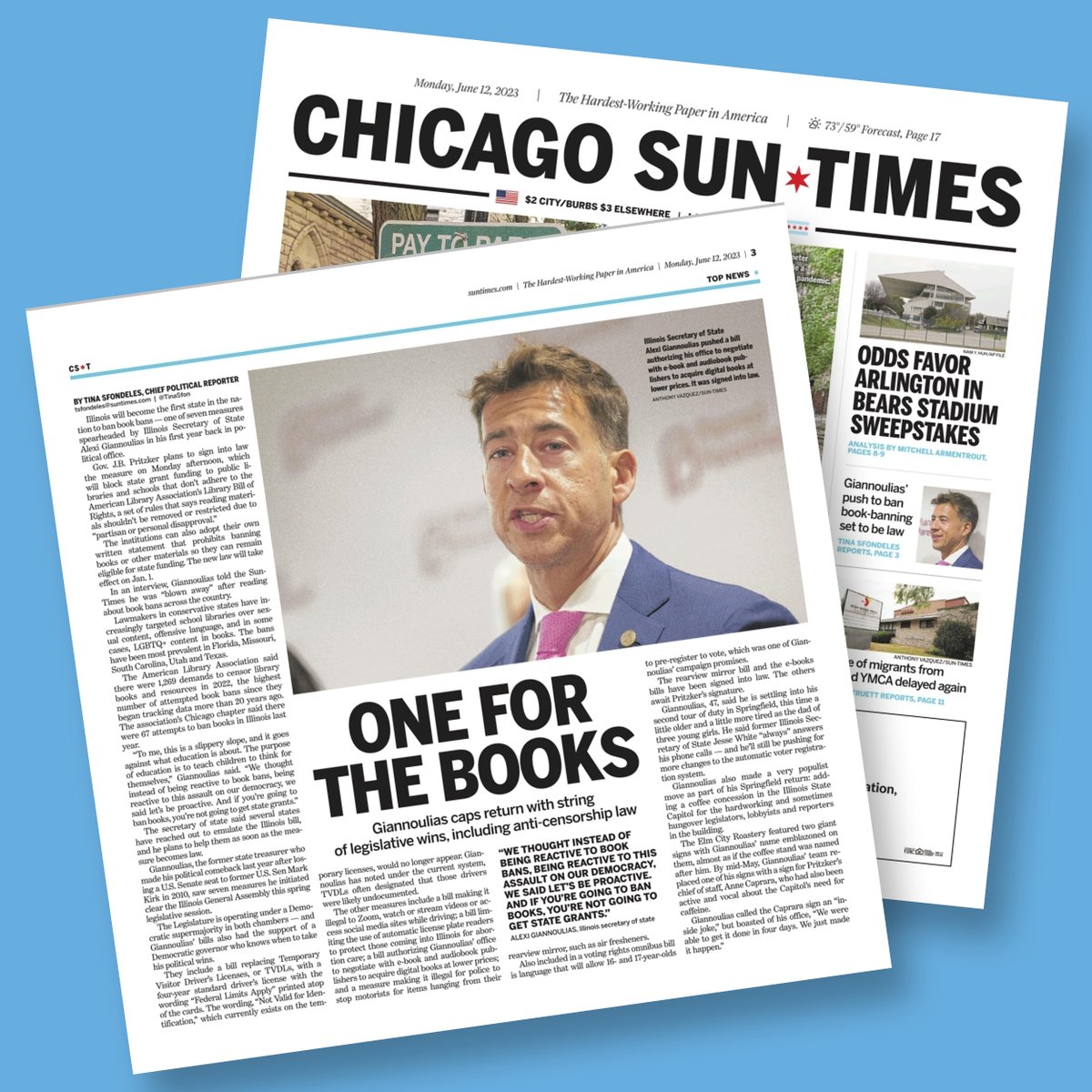 ONE FOR THE BOOKS: 'Illinois will become the first state in the nation to ban book bans — one of seven measures spearheaded by Illinois Secretary of State Alexi Giannoulias in his first year back in political office.' #ILSOS

📰 @Suntimes 👇
chicago.suntimes.com/2023/6/12/2375…
