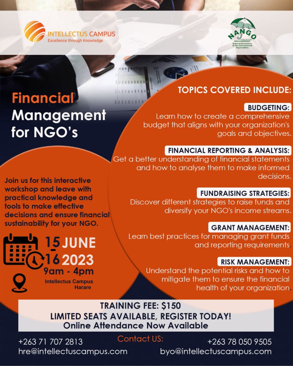 🌟 Boost your NGO's success with this Financial Management for NGOs Course! Limited spots available, so act now! New Dates: 15th & 16th June 2023. Venue: Intellectus Campus Harare.  Register today and secure your spot! #FinancialManagement #TrainingCourse #CapacityBuilding