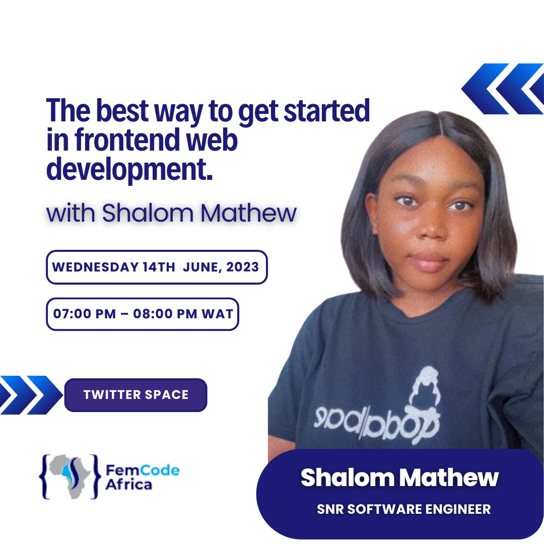 Hello ladies,

We promised and here we are to deliver.

We will be having @shalom_react  a senior software engineer (web) to tell us the best way to get started in front end development.

#femcodeafrica #webdevelopment #womenintech #womenintechnology #webdev #frontend #software