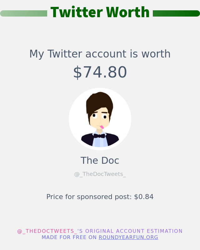 _TheDocTweets_'s tweet image. My Twitter worth is: $74.80

➡️ anyplacehere.me/twitterworth