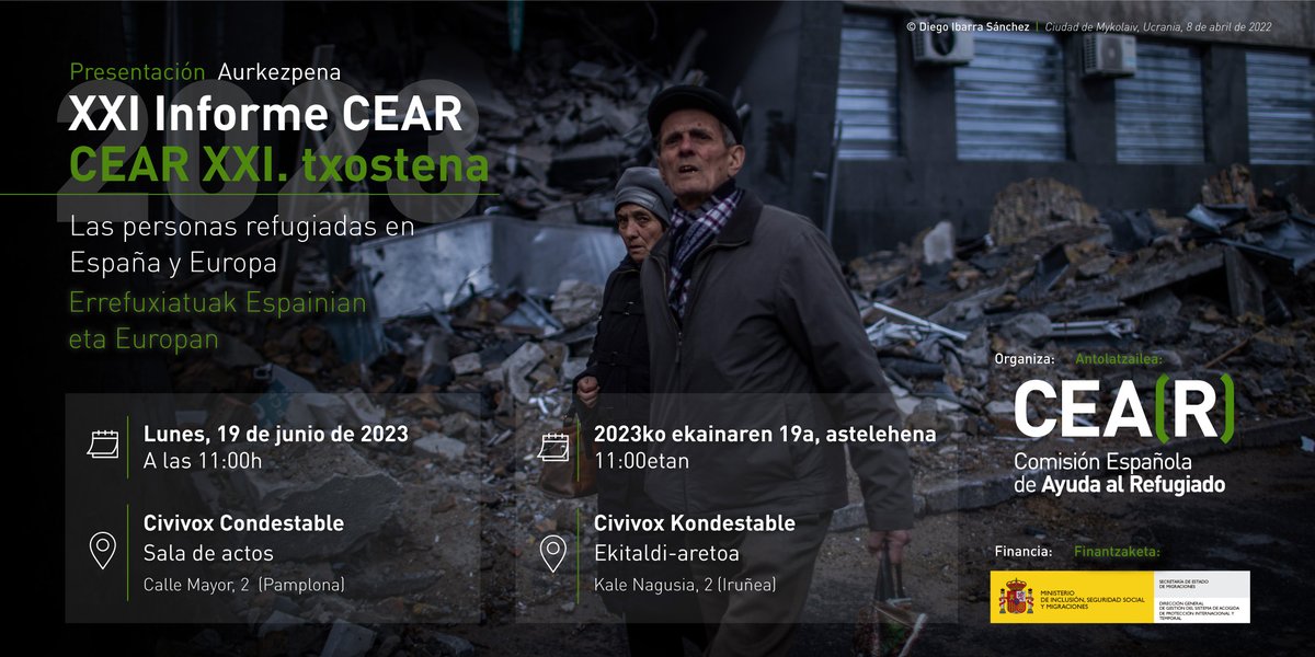 CEARnavarra's tweet photo. En el marco del Día Mundial de las #PersonasRefugiadas presentaremos nuestro XXI Informe Anual y propuestas en torno a la situación de las personas refugiadas en el mundo, España y principalmente en Navarra.

Os esperamos el lunes 19 de junio a las 11h en el Condestable #Pamplona https://t.co/S5YYQQeDiu