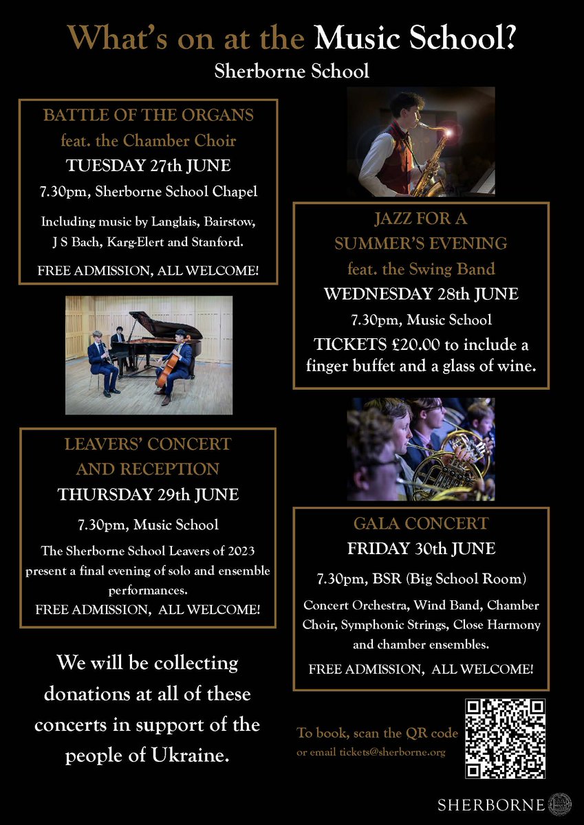 The Music School has lots of exciting events coming up which are all open to the public. To book tickets, please email tickets@sherborne.org