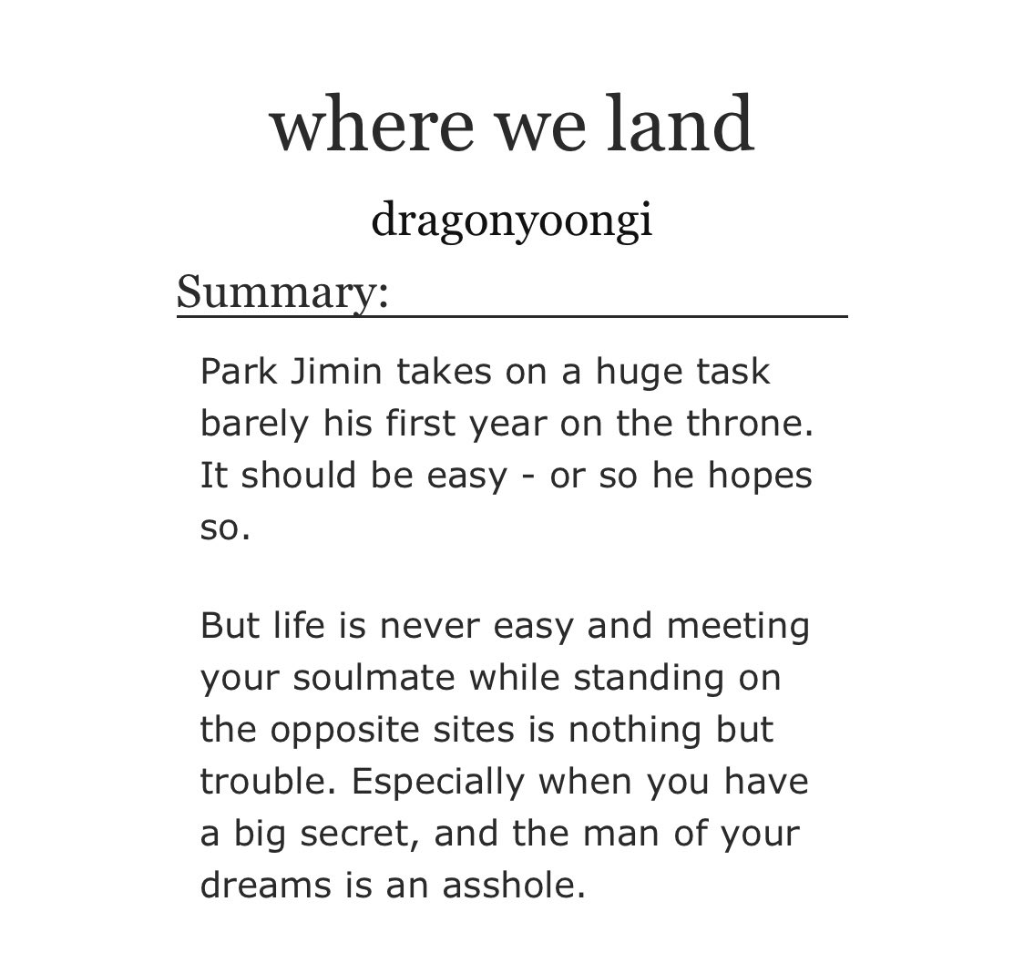 DRAGONYOONGl's tweet photo. where we land

Park Jimin takes on a huge task barely his first year on the throne. It should be easy - or so he hopes so.

However, the universe is here to use this chance to connect two souls destined to be together - even if they hate each other.

https://t.co/96nWOL29hO https://t.co/uCdzKagIhC