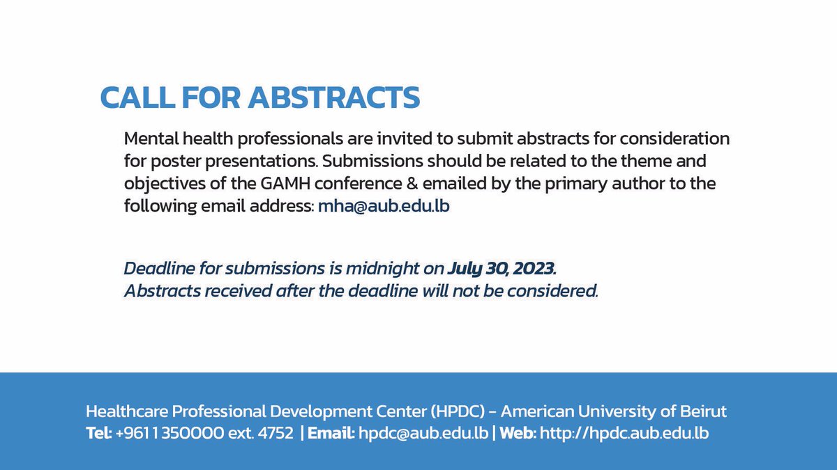Excited to announce our upcoming 
🧩 Global Advances in Mental Health (GAMH) 🧩 Conference‼️ 

🚨Call for abstracts is now open 🚨

aub.edu.lb/fm/CME/events/…