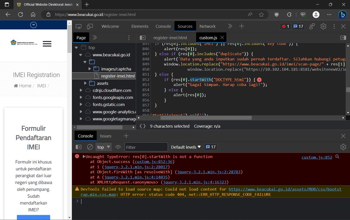 Hi <a href="/bravobeacukai/">Bravo Bea Cukai</a>, no wonder this website is broken: the front-end code is wrong! There's no startWith in JavaScript, there's only startsWith! developer.mozilla.org/en-US/docs/Web…