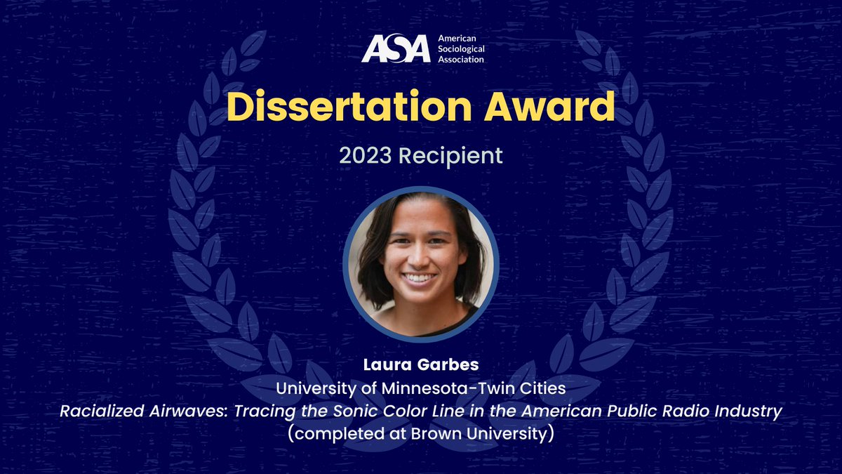 Laura Garbes <a href="/LauraGarbes/">Laura Garbes</a> is the recipient of the 2023 Dissertation Award for “Racialized Airwaves: Tracing the Sonic Color Line in the American Public Radio Industry,” completed at <a href="/BrownUniversity/">Brown University</a>.