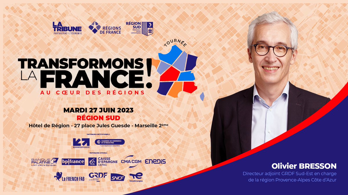 .<a href="/OBresson/">Olivier BRESSON</a>, Directeur adjoint <a href="/GRDF/">GRDF</a> Sud-Est en charge de la région Provence-Alpes Côte d'Azur sera présent le 27 juin aux côtés des acteurs économiques et des experts régionaux à l'occasion du #TLFRégions dans la Région Sud ☀

Programme et inscription 👉transformonslafrance.fr/region-sud