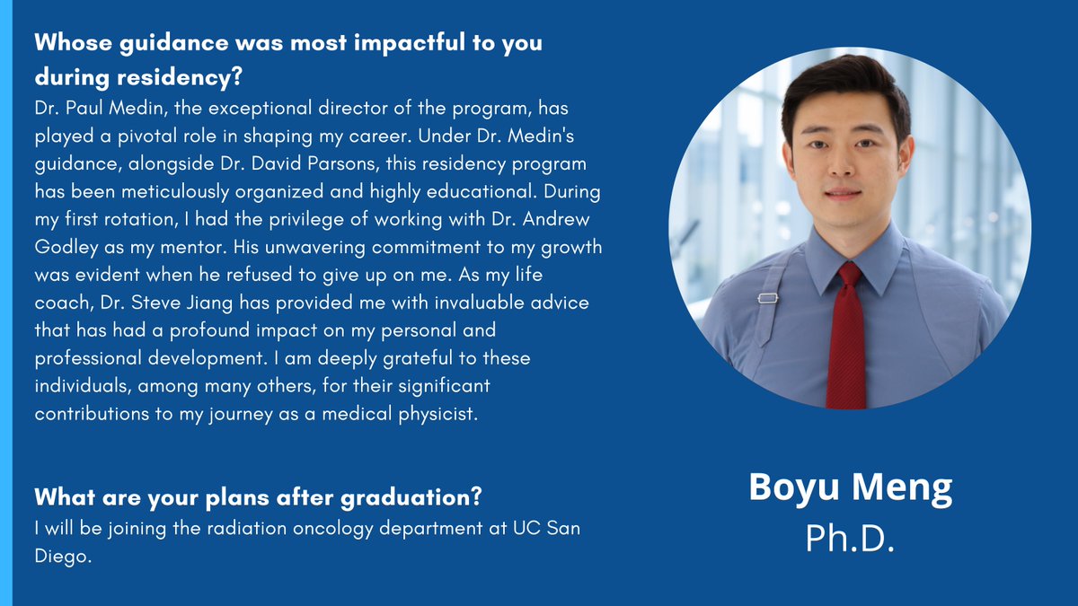 Congratulations to @BoyuMengPhD on graduating from our medical physics residency program! Dr. Meng will be joining @UCSDHealth's Department of Radiation Oncology as faculty.