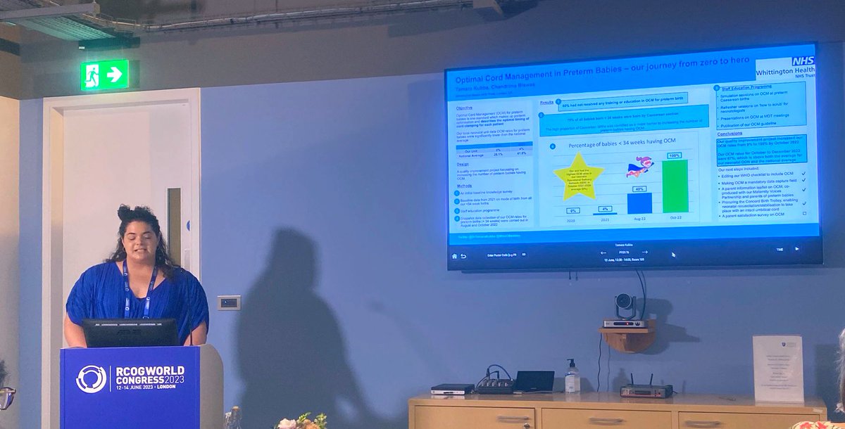 DrTamaraKubba's tweet photo. Proud to present our work from
@WhitHealth on ‘Optimal Cord Management in Preterm Babies - our journey from zero to hero’ at #RCOG2023 today. 

Looking forward to the session on Preterm Optimisation @SarahBates18 @TraceyKay19 @peri_prem 

@MissCBeebies @WhittingtonMVP @RcmWhitt https://t.co/Xug8jNJEua