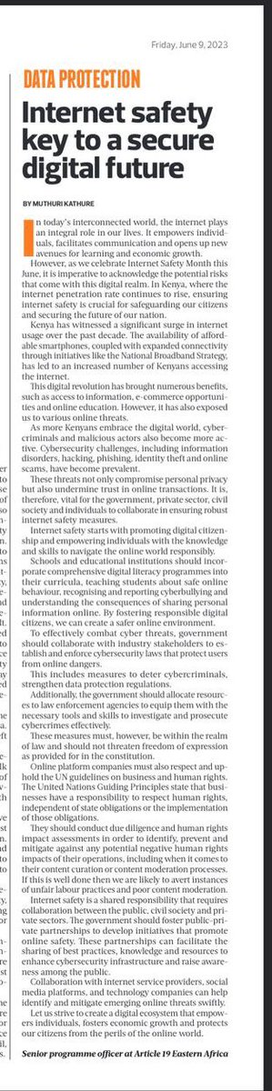 Our Senior Program Officer, @MuthuriKathure speaks on Internet safety key to a secure digital future. #SocialMedia4Peace #onlinefreerom #SM4P 

the-star.co.ke/siasa/2023-06-…