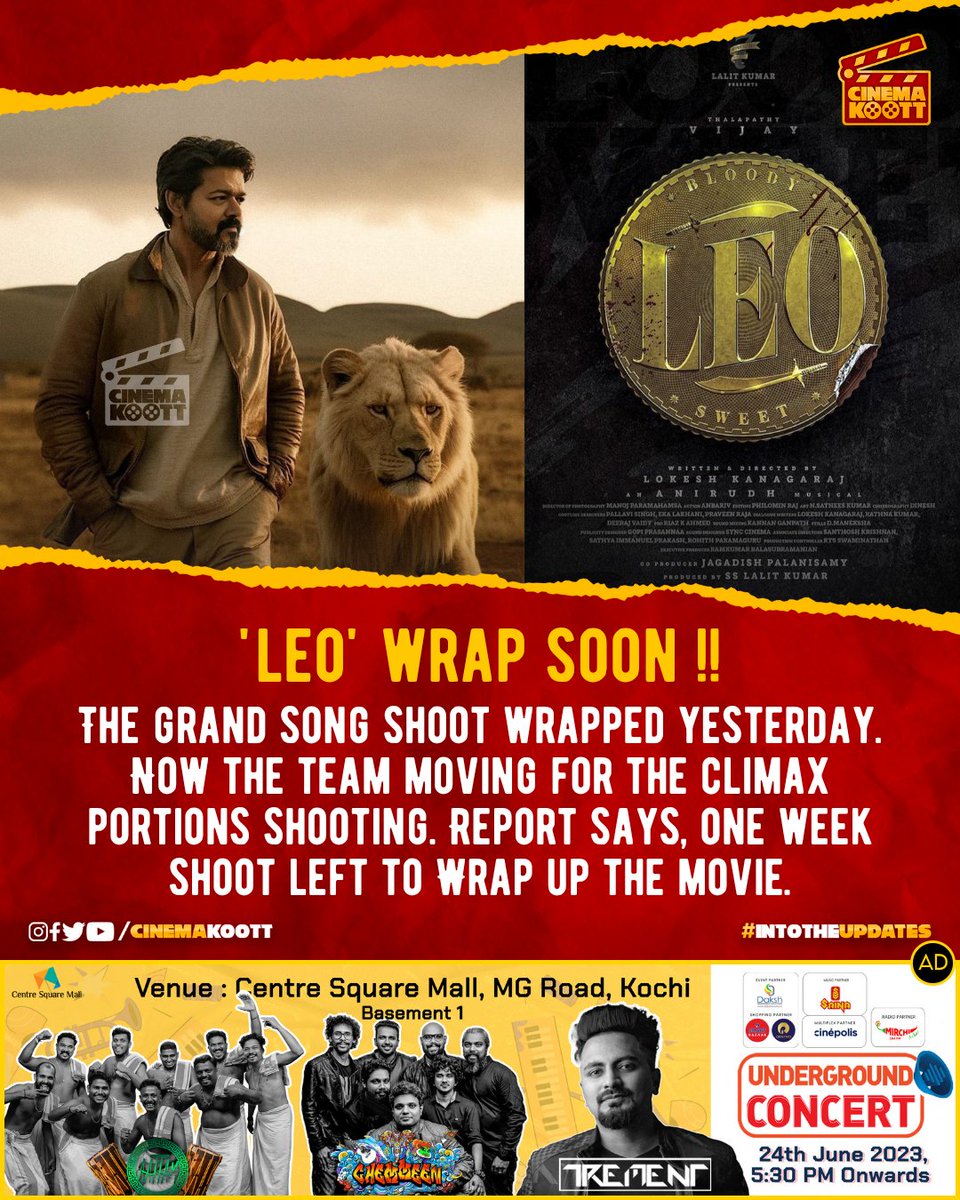 🎞️ #LEO - Wrap Soon 🔥

#ThalapathyVijay #SanjayDutt #Mysskin #TrishaKrishnan  #LokeshKanagaraj  #GauthamVasudevMenon  #Anirudh #PriyaAnand  #MathewThomas  #Arjun #Sandy #BabuAntony  #Thalapathy67 #AnbArivu #SanthiMayadevi #DenzilSmith 
-
-
-
-
#intotheupdates #cinemakoott