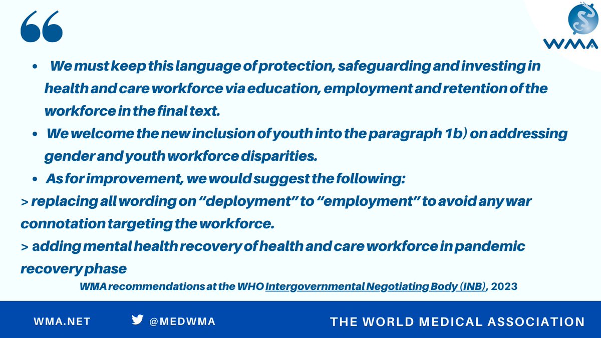 medwma's tweet photo. WMA recommendations at the WHO Intergovernmental Negotiating Body (INB)
 @Working4H @GHWNetwork  @MisionMexOI @ArgentinaONUOMC  @PHinGeneva @WHO @WMAJDN https://t.co/FHg0rE9DgT