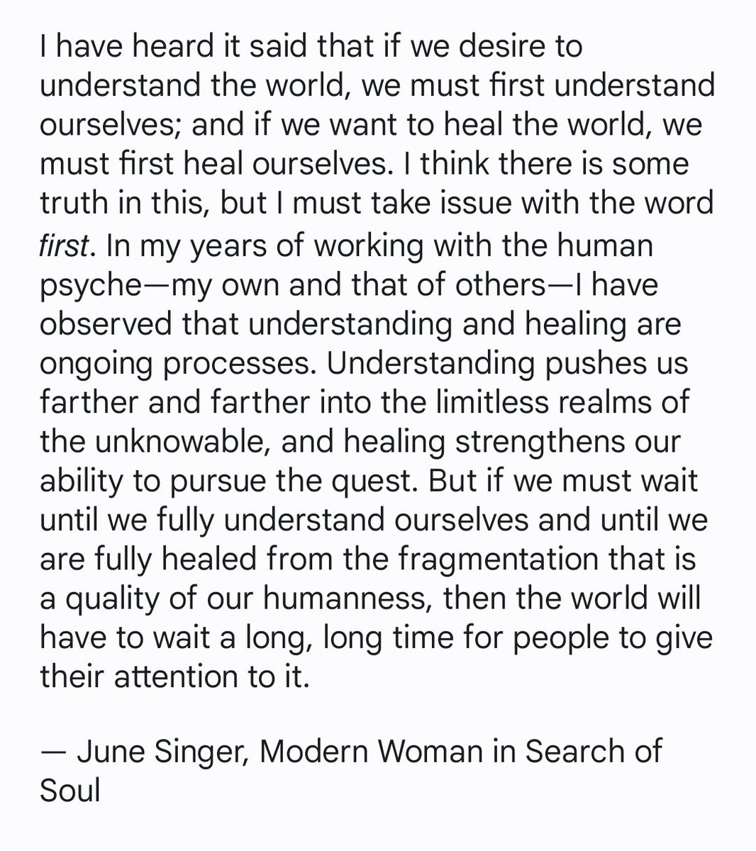 Author and Jungian analyst, June Singer on the ongoing processes of 𝘶𝘯𝘥𝘦𝘳𝘴𝘵𝘢𝘯𝘥𝘪𝘯𝘨 and 𝘩𝘦𝘢𝘭𝘪𝘯𝘨.