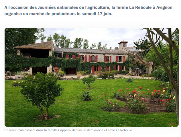 A #Avignon, "La Reboule"  organise son marché de producteurs. Rendez-vous le samedi  17 juin de 10h à 19h. Par  ailleurs, une visite de la ferme aura lieu le matin à 10h30 sur le thème  de l'#agriculture écoresponsable et de l'intérêt de la #biodiversité francebleu.fr/emissions/circ…