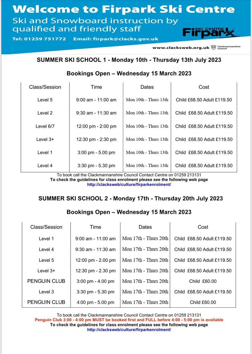 FirparkSki's tweet photo. Our Summer Ski Schools are filling up! We still have spaces in all slots except the level 6/7 in week 4 which is now full. Please call Evelyn on 01259 452339 or the Leisure Line on 01259 213131 to book. ⛷️⛷️ https://t.co/NW6oGv5g0l