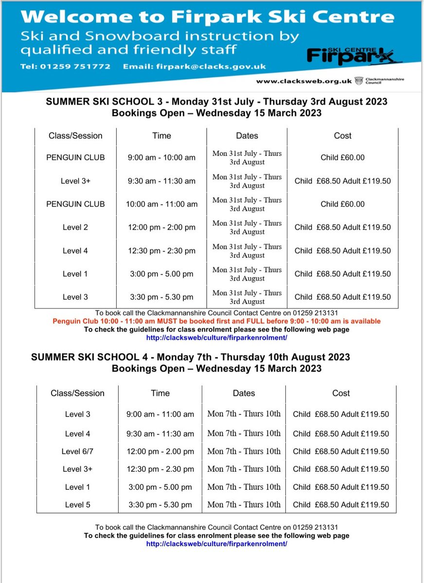 FirparkSki's tweet photo. Our Summer Ski Schools are filling up! We still have spaces in all slots except the level 6/7 in week 4 which is now full. Please call Evelyn on 01259 452339 or the Leisure Line on 01259 213131 to book. ⛷️⛷️ https://t.co/NW6oGv5g0l