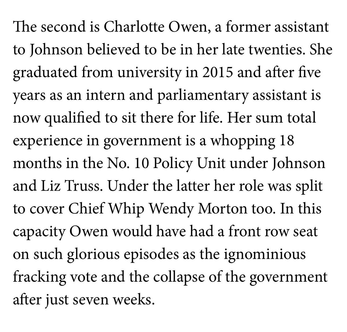 carolvorders's tweet image. Johnson Honours List
Number 2

Charlotte Owen, age 29,  spent 18 months in a minor role as an  "assistant" to Johnson and others at Number 10.

She's put into the House of Lords by Johnson.

There is literally no reason why.
Johnson mocking the public again?

Hmmmmm