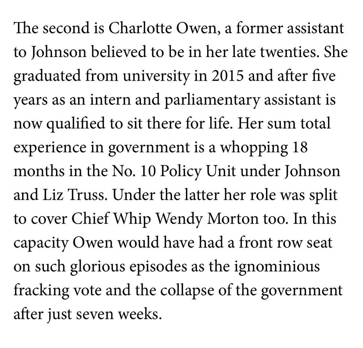 Johnson Honours List Number 2 Charlotte Owen, age 29, spent 18 months in a minor role as an 'assistant' to Johnson and others at Number 10. She's put into the House of Lords by Johnson. There is literally no reason why. Johnson mocking the public again? Hmmmmm