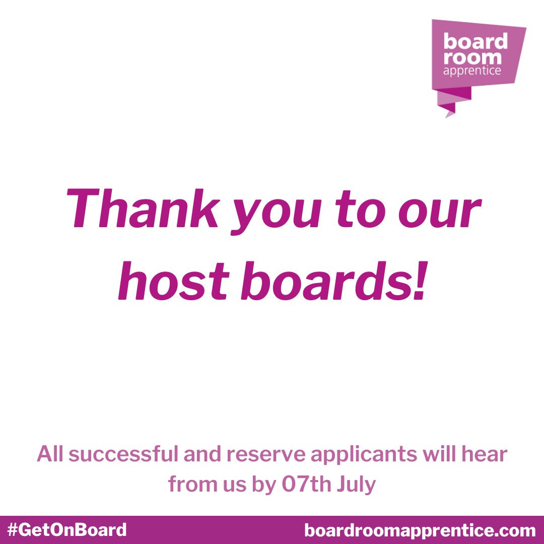 Thank you to all 51 of the amazing host boards taking part in Boardroom Apprentice 2023.

Without their dedication to diversity, inclusivity and equality, Boardroom Apprentice would not have reached the level of success that it has.

Thank you for getting on board!

#GetOnBoard