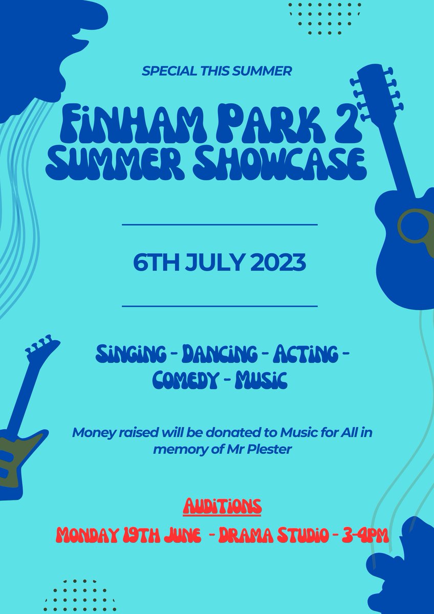 Auditions for this years' Summer Showcase are on Monday 19th June in the Drama Studio. 
More details about the evening and how to get tickets will be shared next week. 
If you would like more info about the auditions, please speak with Miss O'Donnell 🎻🎸🎤💃🕺