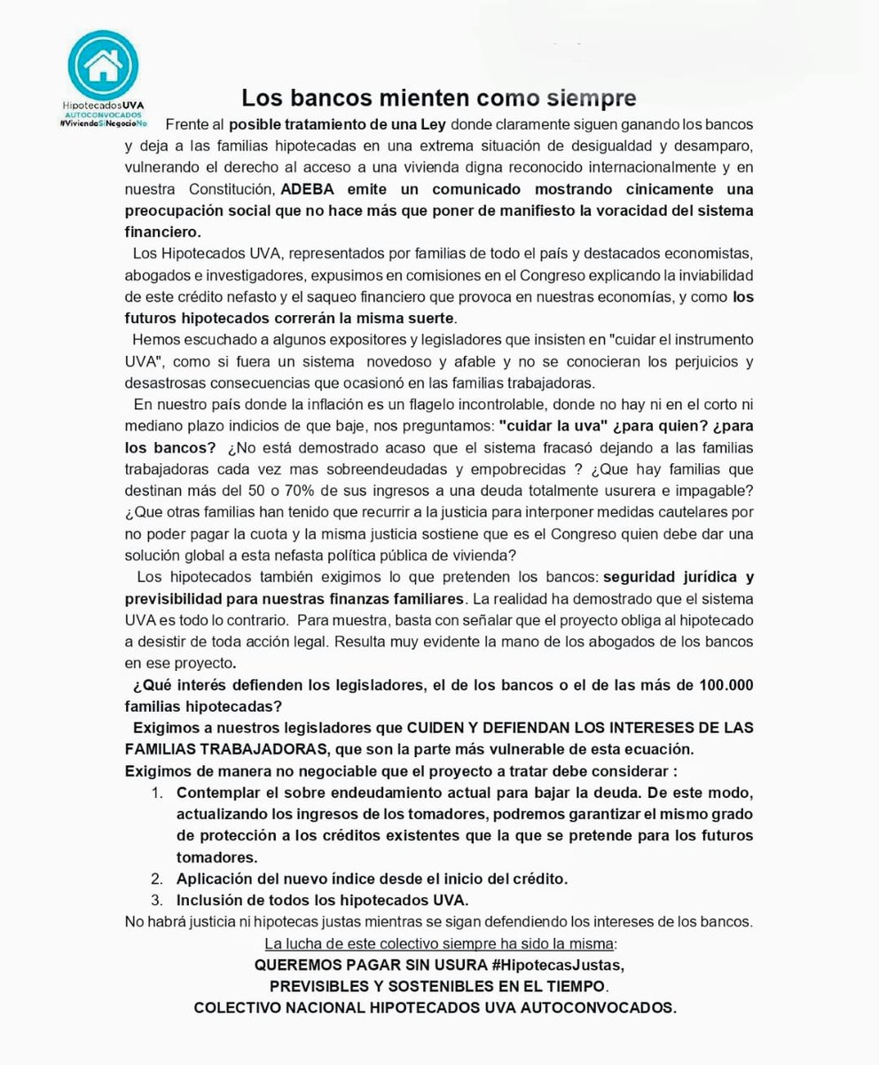 hipotecadosuva's tweet photo. Los mismos bancos que le robaron los ahorros a los argentinos, ahora piden seguridad jurídica por un posible dictamen en Diputados respecto a #HipotecadosUVA .
Los bancos siempre mienten, no importa cuando leas esto.
@ceciliamoreauok @JCuattromo @Juli_Strada @sbatakis https://t.co/v2LMV7SlRr
