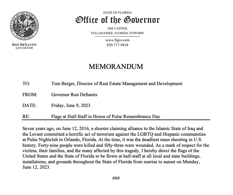 AshleyLCarter1's tweet photo. Florida Gov. Ron DeSantis has ordered that flags be flown at half-staff today in "honor of Pulse Remembrance Day." https://t.co/OH2wpURaXu