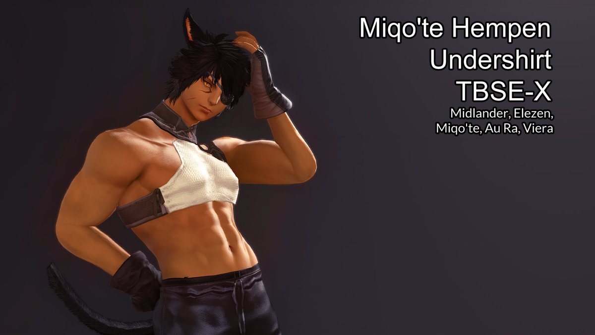 refit of the miqo undershirt to tbse-x is up! options for other middie-based bodies included. enjoy the crop top.

XMA: xivmodarchive.com/modid/78982
TGD: glamourdresser.com/mods/miqote-he…