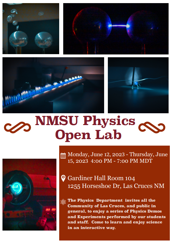 NmsuPhysics's tweet photo. Today is the day! Come to our open lab this week, Mon-Thurs from 4pm - 7pm for some fun and interactive learning about physics! 

This is free and open to the public. 

we encourage sharing this with friends and family!

#PHYSICS #NMUS #ENGINEERINGPHYSICS #GOAGGIES https://t.co/5hwiHVcvEZ