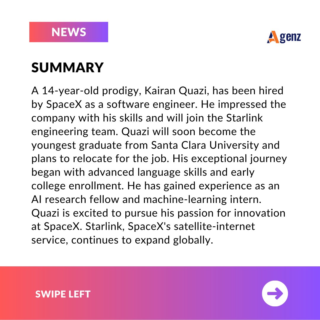 AgenzUk's tweet photo. 14-year-old prodigy Kairan Quazi joins SpaceX's Starlink team as a software engineer! 🚀 

From advanced language skills to AI research, his extraordinary journey leads to this incredible opportunity. Congratulations, Kairan! 🌟 #SpaceX #Prodigy #Innovation https://t.co/miyvO52HPW