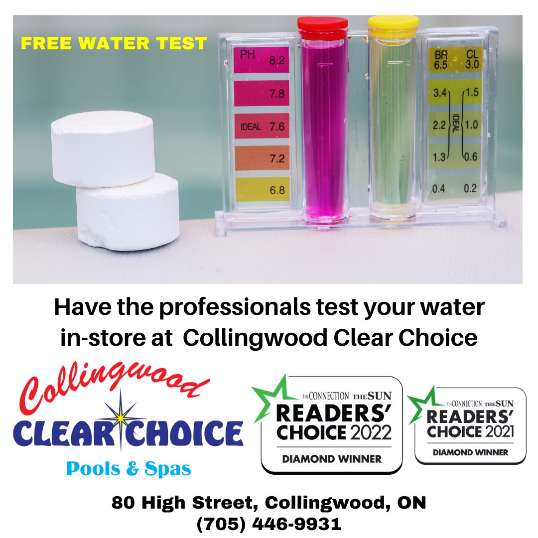 Pool or Hot Tub water looking a little off? Bring a sample to Collingwood Clear Choice Pools and Spas for a free water test.  Let our professionals test it and share recommendations on how to make it better.
#HotTubProducts  #SpaCareProducts #PoolChemicals  #WaterTesting